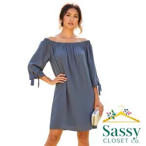 Vince Camuto Navy Blue Off Shoulder Tie Sleeve Cocktail Dress 6 Lined Bardot